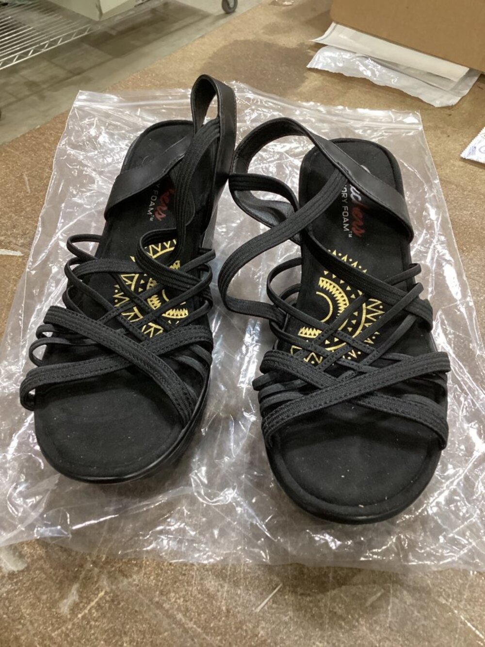 Skechers Sandals Womens Parallel Crossed Wires Strappy Wedge Pump Black